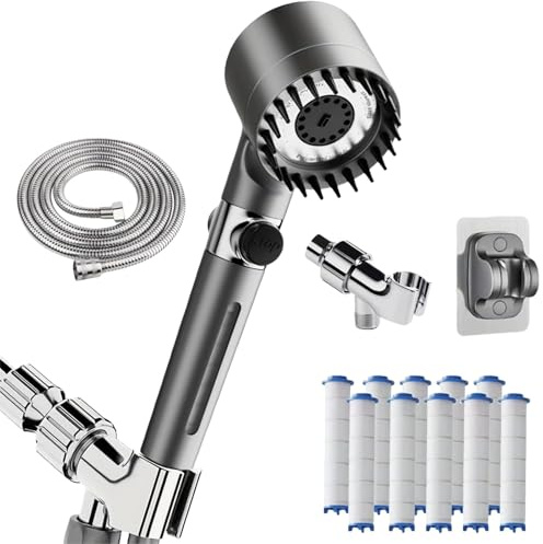 Pulifer | Doccino filtrante ad alta pressione con 3 modalità + pausa, supporto americano e gunmetal, tubo inox 1.5m, 10 filtri, risparmio idrico, getto potente per doccia confortevole