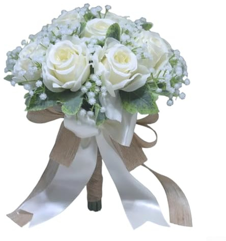 Gettimore Künstlicher Hochzeitsstrauß mit Rosen und Schleife, Seiden-Brautstrauß im Waldstil, cremeweiß, weiß, rosa, rote Bohnenpaste, 23 x 23 cm