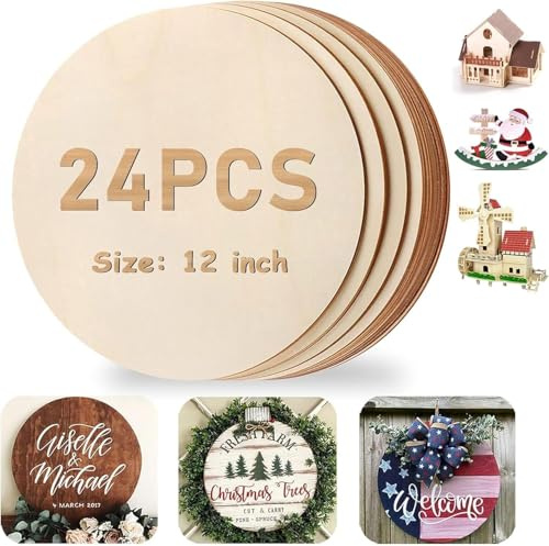 24 Stück Holzscheiben 30,5cm durchmesser, Unbehandelte holzplatte rund untersetzer holz, Unvollendete holzplatten zum basteln für Handwerk, Beschriften, Laser Gravur, Schnitzen, Malen