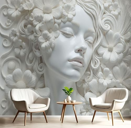 Papier Peint Soie 3D Plâtre Relief En Relief 450×315 cm Papier Peint Panoramique Floral Femme XXL Tableaux Décoration Murale pour Salon, Chambre, Décor Fond TV, Blanc