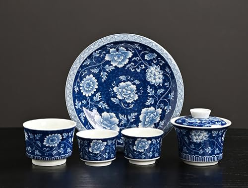 Juego de té de porcelana china azul y blanca con patrón floral, tetera con tapa, 3 tazas de té, platillo, estuche de presentación