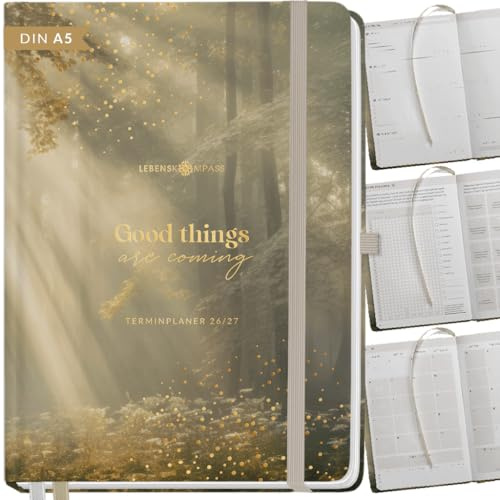 Lebenskompass® Kalender 2026 2027 A5 Wald - Terminplaner Juli 2026 bis Dezember 2027 - 18 Monate Wochenplaner & Buchkalender mit Achtsamkeit, Hardcover mit Goldprägung