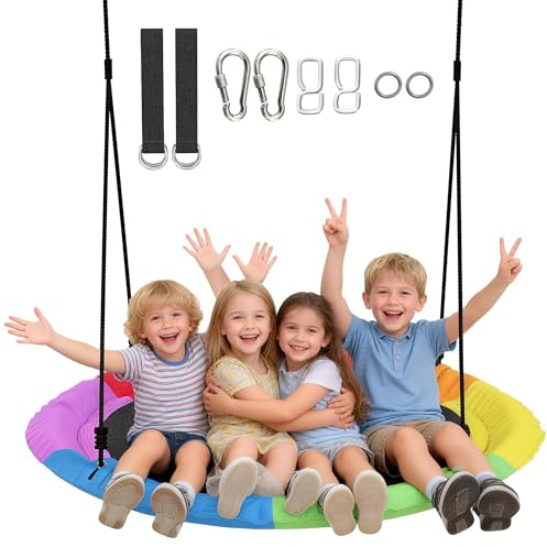 AIYAPLAY Nestschaukel Höhenverstellbar Hängeschaukel Ø 120 cm bis zu 300kg Gartenschaukel mit verstellbaren Seilen Baumgurten, Tellerschaukel für 3-8 Jahre Kinder, für Outdoor & Indoor, Mehrfarbig