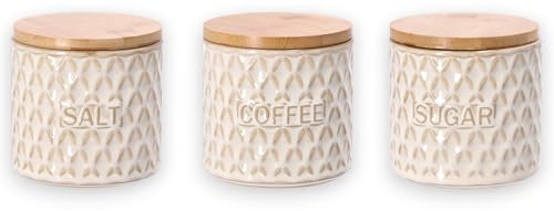 KORAT - Set 3 Barattoli in Porcellana con Tappo in Legno – Contenitori Cucina per Sale, Caffè e Zucchero – Barattoli Decorativi per Dispensa e Piano Cucina – Design Moderno 10x10x10 cm