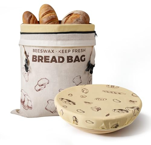 YARRAMATE Set di Sacchetto e Copertura per Pane in Cera d'Ape Naturale, Riutilizzabile e Adatto al Congelatore, Essenziale per Pagnotte e Pasta Madre (17x13, 12 Inch)
