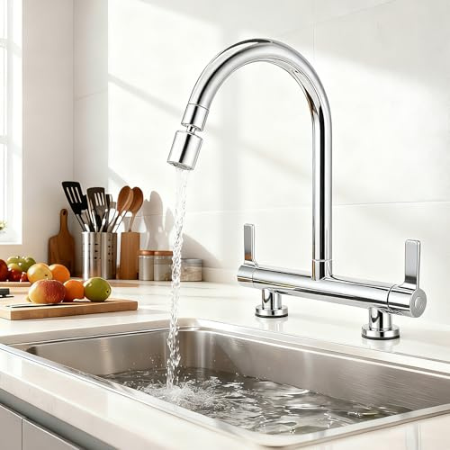 2 Hole Kitchen Mixer Tap with 2 Function Sprayer, 180 mm Centers Deck Mounted Sink Tap, 360° Swivel Kitchen Chrome Bridge Mixer Taps, 1/4 Turn Cold and Hot Mixer Tap