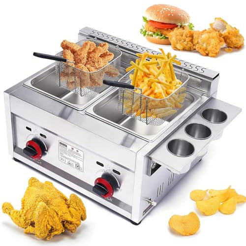 10L x 2 rostfria gasfritöser för kommersiellt bruk - fritös med dubbla tankar och propan, 2 korgar, 60℃-200℃ temperaturkontroll, snabb uppvärmning för munkar, kyckling, pommes frites