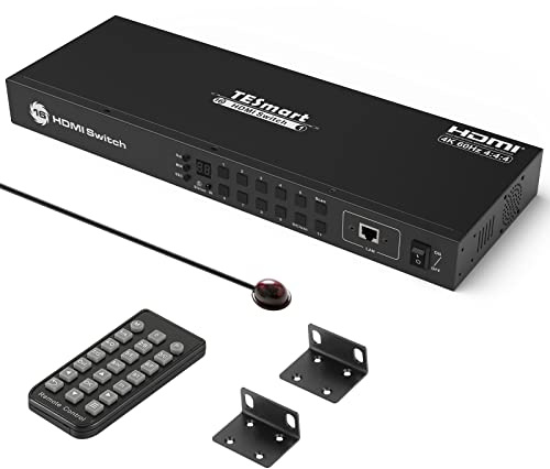 TESmart 16×1 HDMI Switch 16 In 1 Out Unterstützt 4K@60Hz HDCP 2.2 mit 19-Rackmontage-Ohren | RS-232/Lan Control | IR-Fernbedienung und Auto Switch | Auto Scan mit voreingestelltem Intervall-Schwarz