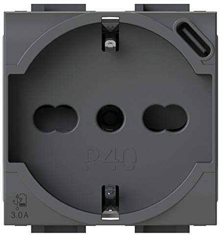 P40 USB3.0 Schuko-Steckdose Typ P40 mit integriertem 3 Ampere USB-Netzteil Typ C kompatibel mit Bticino LivingLight anthrazit