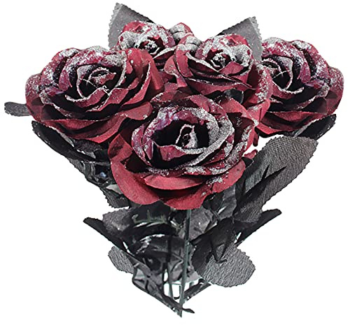INIFLM 6 x künstliche schwarze Rosen, künstliche Rosen, Blumensträuße aus Seide, Rosenstiel, künstliche Blumen mit Pailletten, für drinnen und draußen, Halloween, Hochzeit, Party, Heimdekoration (rot)