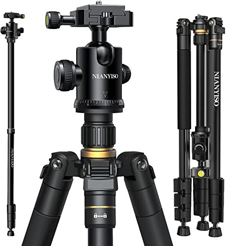 NIANYISO Trépied compact pour appareil photo reflex numérique 195,6 cm avec tête sphérique 360 degrés 360 degrés en aluminium léger Charge jusqu'à 15 kg Noir