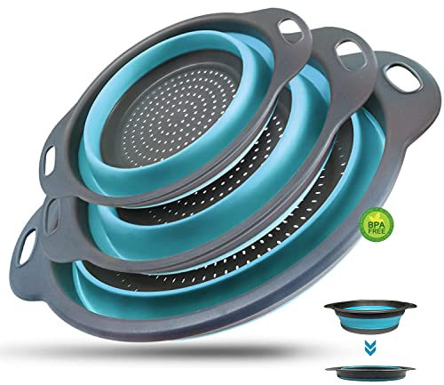 Walfos Paquete de 3 Escurridor Plegable Silicona, Coladores Cocina, Cocina Plegable escurridor pasta de Silicona, Para usar en la cocina para lavar frutas y verduras, colar pasta, 25-29-34 cm