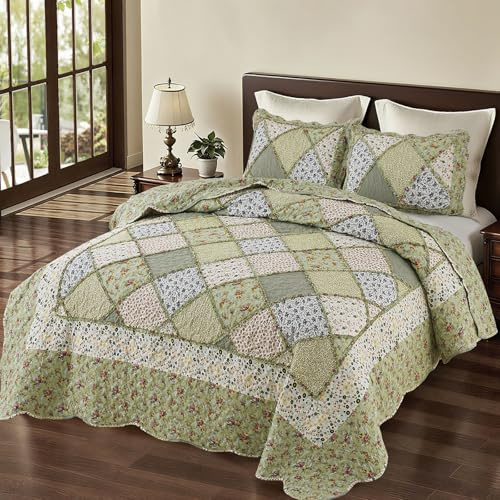 Patchwork-Steppdecken-Set für King-Size-Bett, Blumenmuster, wendbar, gesteppt, 3-teilig, leicht, genäht, Bettbezug, Decke mit 2 Kissenbezügen, für alle Jahreszeiten | VIVILINEN 3-teiliges Bettwäsche-Set mit Blumenmuster, wendbar, leicht, Bettdecke, Decke mit 2 Kissenbezügen