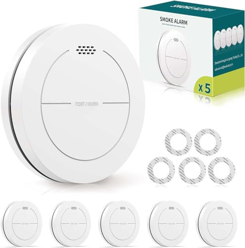 Safeliveo Rauchmelder 5er Set ohne Blinkende LED, mit 10 Jahre Batterie, mit Klebepads，Mute Funktion, 85 dB Alarmton, Standalone Flacher Brandmelder für den Brandschutz zu Hause.