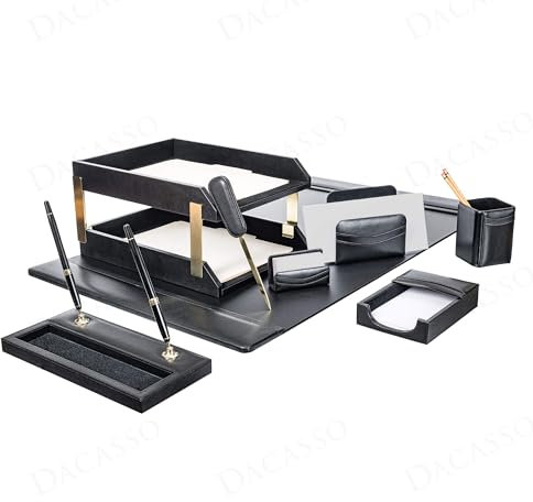 Dacasso Klassisches Schreibtischzubehör-Set aus schwarzem Leder, goldfarbene Akzente, 10-teiliges Schreibtisch-Organisations-Zubehör mit Schreibtischunterlage/Schreibunterlage – luxuriöse