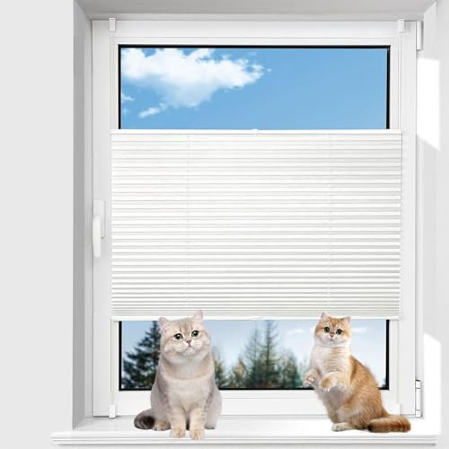 Plissee Faltrollo 35 x 90 cm Sichtschutz und Sonnenschutz lichtdurchlässig Rollo Einfache Montage, Pflegeleicht für Fenster & Tür, Weiß