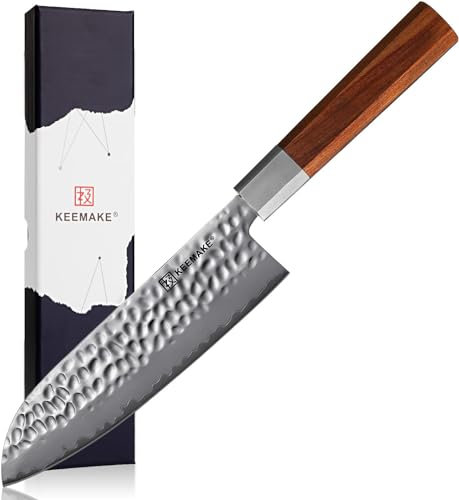 KEEMAKE Coltello Cucina Santoku Giapponese - Coltelli da Cucina Professionali in 3 Strati Acciaio, Coltello Verdure 18 cm Finitura Specchio, Manico Ottagonale in Legno
