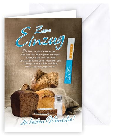 KE - Kreative und besondere Glückwunschkarte zum Einzug, inkl. Umschlag, Karte mit Accessoire, DIN B6 Format, Umzugsgrüße für neues Heim, weiß, Motiv: Brot und Salz