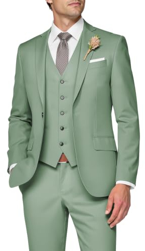 SPTALLFITJSV Costume 3 pièces pour Homme, Coupe ajustée, Costume de Mariage élégant à Un Bouton, Gilet et Pantalon, Vert Sauge poudré, Taille XL