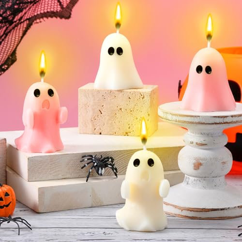 Minatee 4 Pieces Large Pink Halloween Ghost Candles Cute Pastel Spooky Goth Decor Burning Scented Wax Candles Gifts for Boo Basket Stuffers Halloween Room Table Indoor Decorations, 2 Style