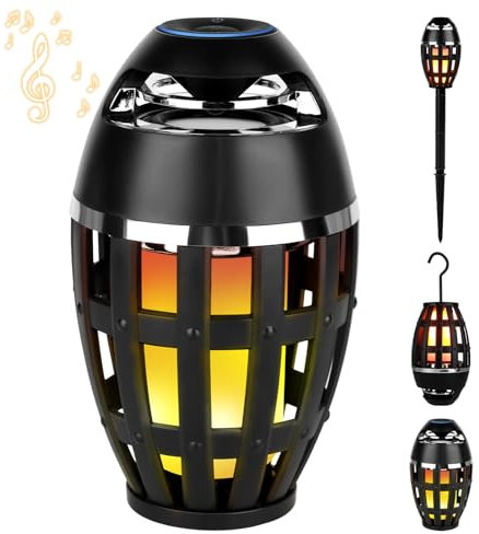 ALLOMN Altavoz Bluetooth para exteriores, portátil, para exteriores, con efecto de llama, inalámbrico, resistente al agua, lámpara de mesa con estaca para camping, terraza, jardín, fiesta