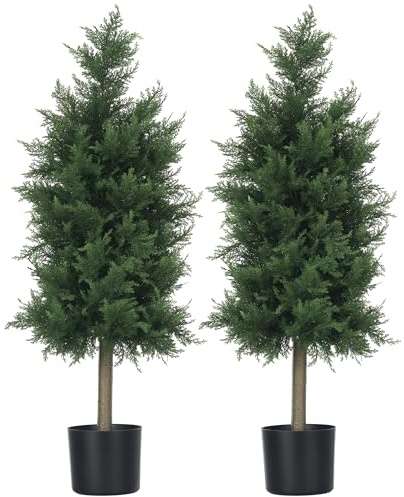 HOMCOM Set 2 Piante Finte di Cedro, Piante Artificiali, 38x12.5x90 cm Verde | Vaso di Plastica PP, Acciaio e Cemento, Foglie in PE