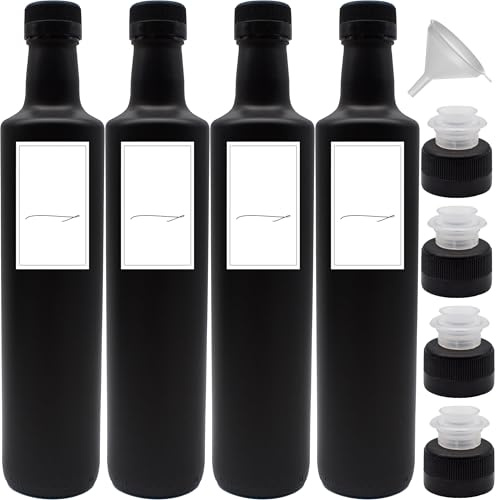 Generisch Ölflaschen zum Befüllen schwarz-matt mit Ausgießer, Deckel inkl. Ø 8 cm Trichter und wasserfeste Etiketten (4x250 ml)