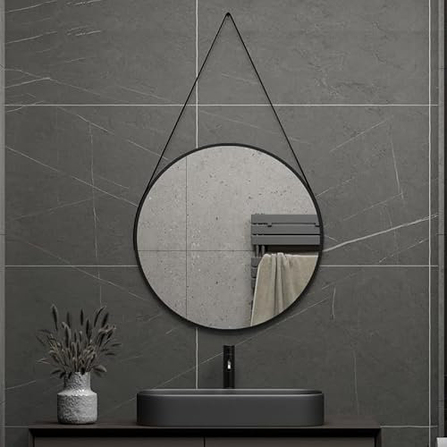 WDWRITTI Schwarz Spiegel 40cm Rund Wandspiegel mit Ledergürtel, Schminkspiegel für Wohnzimmer Schlafzimmer Badezimmer, Runder Badspiegel mit Schwarz Metallrahmen