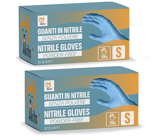 AKITAInk Guanti in Nitrile Blu senza polvere, senza lattice - Ipoallergenici, Resistenti, Ideali per Ambiti Medici e Alimentari per Estetisti, Tatuatori, Ambiti Medici, guanti per alimenti (200, S)