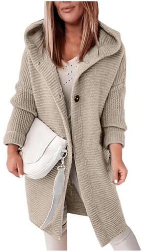 FUPODD Strickjacke Damen Lang Mit Kapuze Pullover & Strickjacken Für Damen Winter Warme Strickmantel Damen Dicke Strickjacke Grobstrick Winterjacke Strick Cardigan Frauen Elegant Sweater Mit Knöpfen