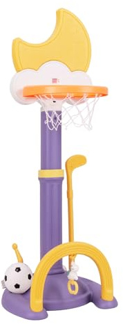 DREAMADE 4 IN 1 Kinder Basketballkorb Set, 114-152cm höhenverstellbarer Basketballständer & Fußballtor & Golf & Ringwurf, Indoor Kinder Spielplatz für Kleinkinder inkl. Bälle & Anzeigetafel (Gelb)