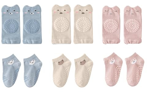 BUOKSLLY Lot de 3 paires de chaussettes antidérapantes et 3 paires de genouillères unisexes, âge 0-24 mois, rose, bleu, kaki, motif de dessin animé, coton