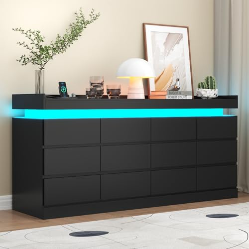 Gyfimoie 12 Drawer Dresser with Power Outlet, Dresser with LED Light, Modern Chest of Drawers for Closet, Double Wide Drawer Organizer Cabinet for Bedroom, Living Room (Black, 12 Drawers)