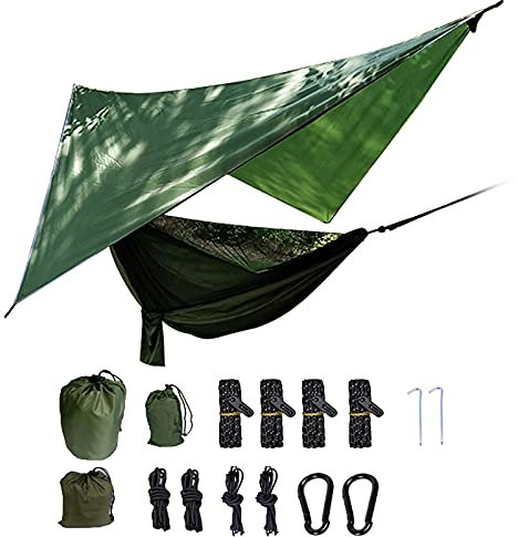 Hamaca portátil de camping con mosquitera, correas de árbol de lona para lluvia, mosquetones y bolsillo para guardar, tamaño individual y doble, ligero y duradero, equipo de dormir al aire libre