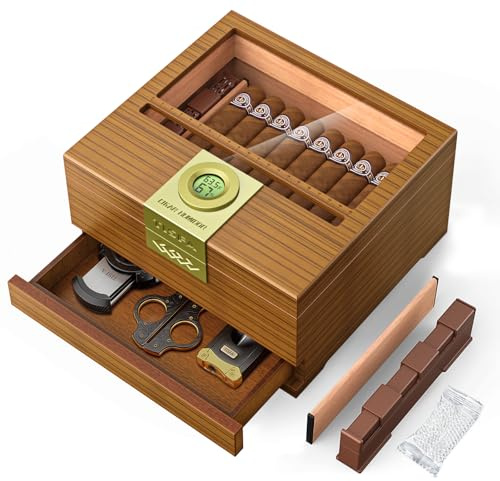 TISFACigar Box HandcraftedHumidor with Hygrometer and Humidifier, Cedar Wooden Case with Drawer, Divider, Cigar Length Gauge, Desktop Gift