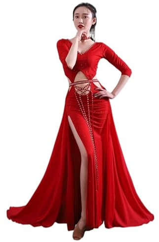 AHUFGN Bauchtanz Kostüm Bauchtanz-Performance-Kleider for Frauen, Bauchtanz-Wettbewerbskleidungsset, weibliches orientalisches Tanz-Übungskleidungskleid(Red,XXL)