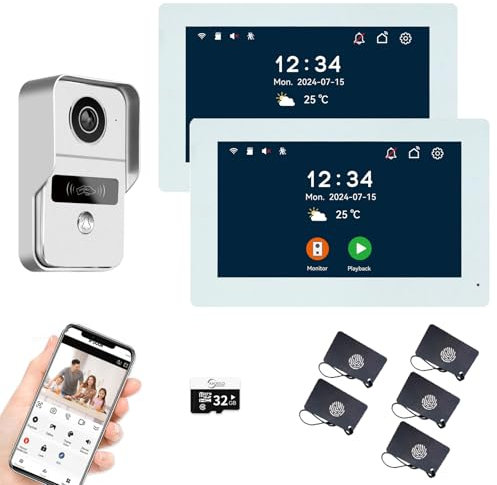 Sistema videocitofonico a 2 fili dell'appartamento 1080P Camera 7 pollici Touch Monitor, kit videocitofono WiFi per la casa, rilevamento del movimento (1 bianco Campanello + 2 bianco Monitor)