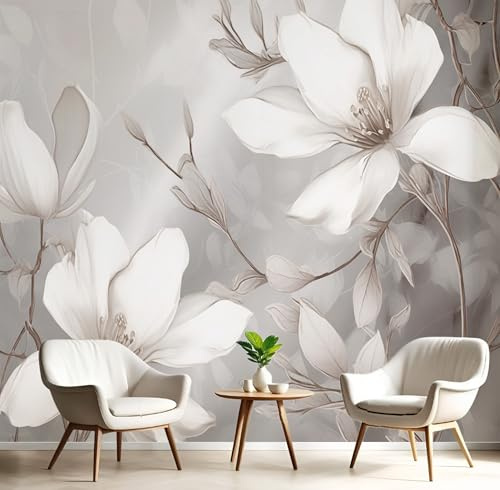 DLERFLOVR Wall Mural Gray Magnolia Print Photo Wallpaper, Luxury Silk Wall Mural Decoration Plants and Flowers Poster Picture Design for Living Room Kids Bedroom 400x280cm