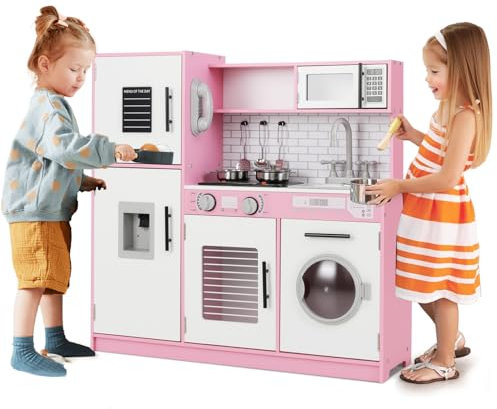 HOMASIS Spielküche mit Zubehör, Kinderküche Holz mit Herd Spüle Wasserhahn Mikrowelle Ofen Waschmaschine, Spielzeugküche mit Licht & Sound, Küchenspielzeugset ab 3 Jahren (Rosa, Modell 2)