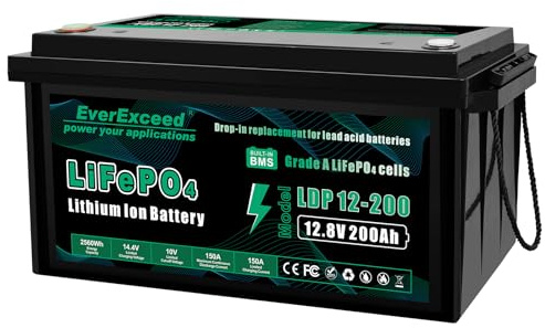 EverExceed 12V 200AH LiFePO4 Batterie mit integriertem 150A BMS, 2560Wh Lithiumbatterie mit Niedrigtemperaturschutz, ideal für Yachten, Boote und die Energieversorgung zu Hause