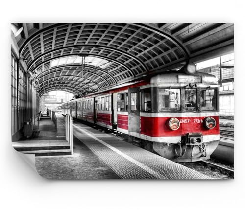 Fotomural 150x105 cm Papel Pintado Blanco y Negro Coches - 2558 - WF3 | Carril Estación Tren Premium Canvas Papel pintado de vinilo tejido no tejido Decoración de Pared Salón Moderno ARTTOR