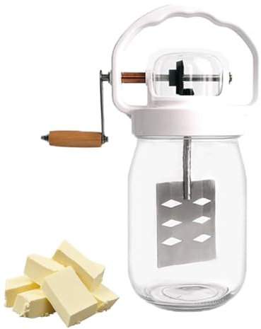 Rfeeuubft Mantequera Manual de Vidrio con de Madera, Capacidad de 1,5 L, Mantequera Manual en Tarro de Albañil, Manivela de Mano con de Madera