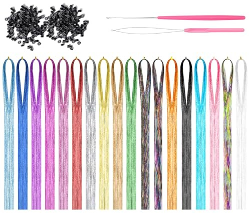 18 Farben Hair Tinsel Haarlametta Set, 3600 Strähnen 120cm Glitzer Haarsträhnen mit Werkzeugen, Hitzebeständige Haar-Glitzerfäden für Frauen, Mädchen & Kinder, Tinselfür Party, Karneval & Festival