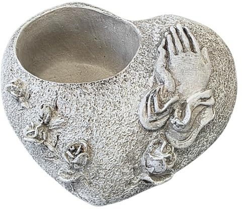 Portavelas para Cementerio con Manos Rezando y Rosas: decoración Tumba Resistente al Clima, Soporte corazón para Velas y Velas de té, Adornos para Cementerio y urna, 13 x 7 x 4 cm