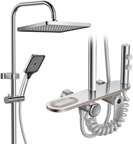 WRMING Columna Ducha con Grifo, Duchas de Baño Columna Cromo, Cabezal Ducha Lluvia, Chorro, Grifo y 3 Modos Alcachofa, Altura Ajustable, Acero Inoxidable