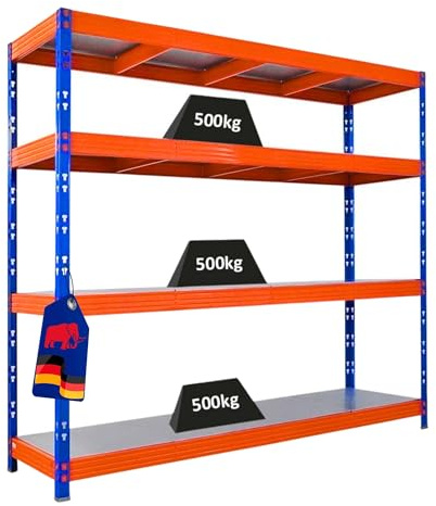 PROREGAL Scaffale professionale per carichi pesanti RHINO | AxLxP 180x200x60cm | 4 ripiani in acciaio | Portata per ripiano 500kg | Blu-arancione | Scaffalature per garage