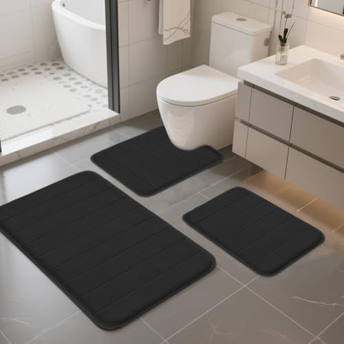 Ruioomeep Badrumsmatta set 3 delar, badmatta halkfri tvättbar, mjuk badmatta med minnesskum och U-formad WC-matta, (svart, 2 badmattor U-formad toalettmatta)