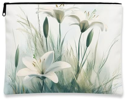 Trousse de maquillage élégante à motif de lys blanc, pochette de voyage pour femme, organiseur portable en toile avec fermeture éclair, trousse de toilette pour soins de la peau printanière, 17,8 x