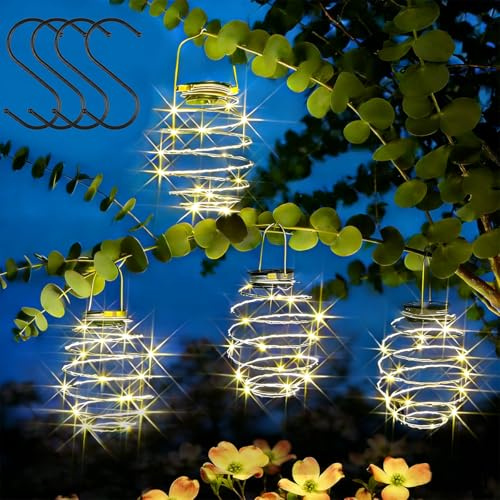 4 Stück Laternen für Außen, Solarleuchte Spirale LED Laternen, Outdoor Hängelaterne Lichter mit Haken, Wasserdicht Warmweiß Wegbeleuchtung, Solar-Kronleuchter Camping für Veranda Terrasse Garten Dekor