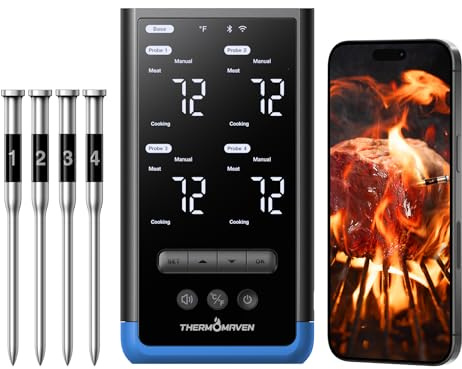 ThermoMaven Smart Bluetooth Wireless Meat Thermometer with Standalone Base, 6 Sensors with NIST Certified Accuracy, Long Range WIFI Stability, 4 Probes for Grill, Smoker, Oven, BBQ, Electric Blue